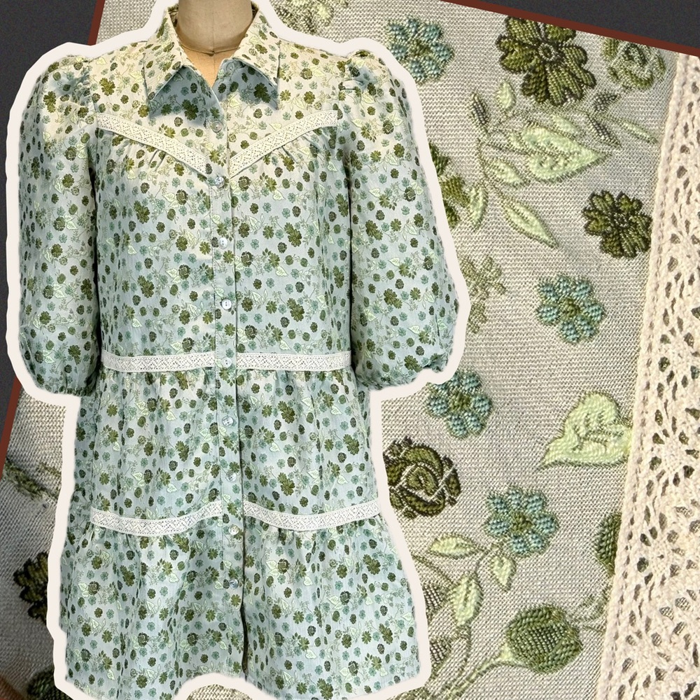 Woodland leaf damask‎ woven babydoll dress tiered lace ruffle long sleeve green